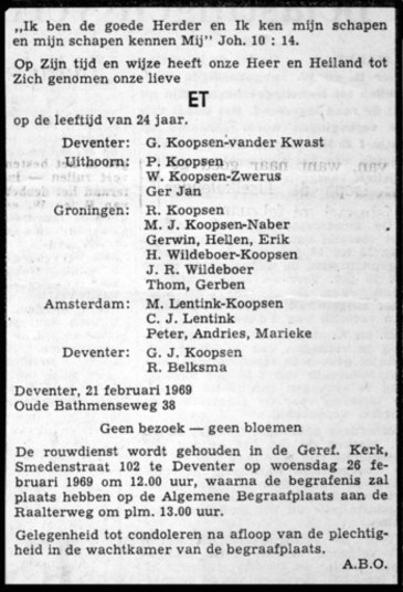 Advertentie in het "Deventer Dagblad" bij het overlijden van Etje.