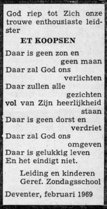 Advertentie van de Zondagschool in het "Deventer Dagblad" bij het overlijden van Etje.