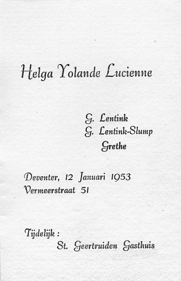 Geboortekaartje van Helga Lentink.