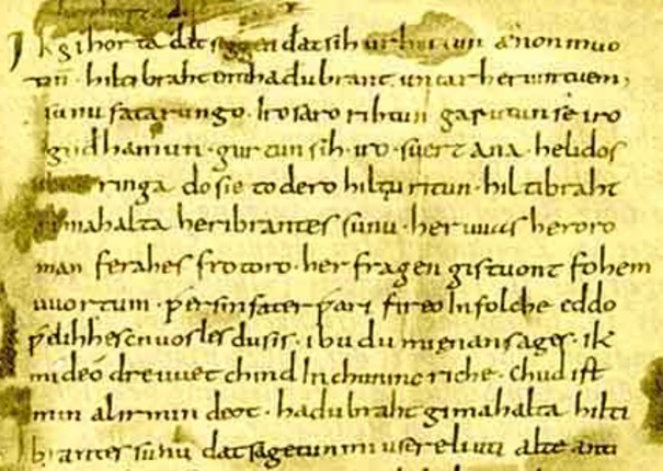 Het 'Hildebrandslied': begin van het handschrift van omstreeks 820.