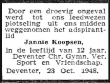 Advertentie van de gymnastiekvereniging in het "Deventer Dagblad" bij het overlijden van Jannie.