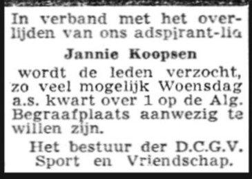 Advertentie van de gymnastiekvereniging in het "Deventer Dagblad" bij het overlijden van Jannie.