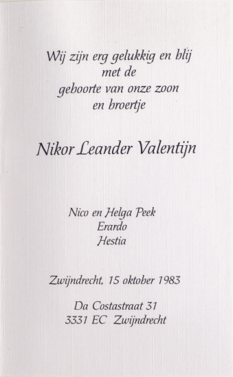 Geboortekaartje van Nikor Peek.