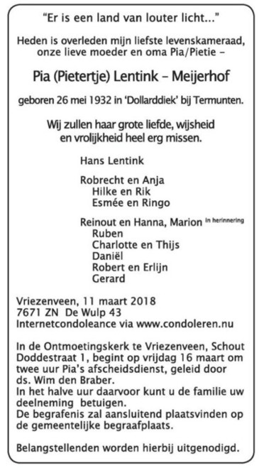 Advertentie in 
"Trouw" van 12-03-2018.