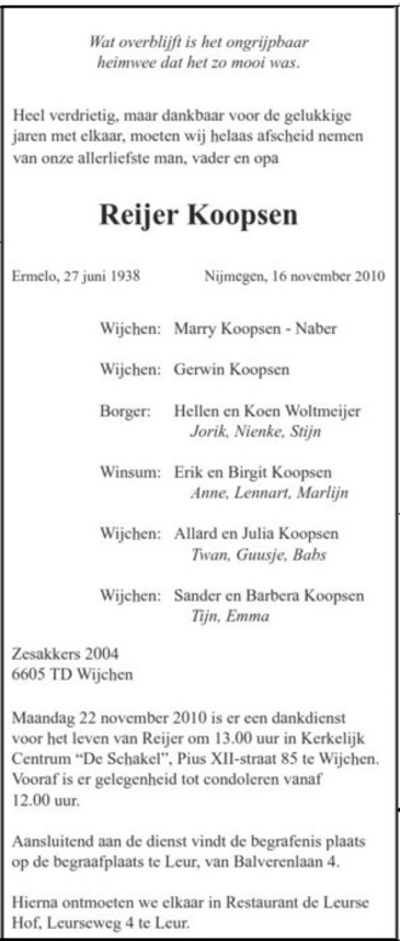 Advertentie in het dagblad "Trouw" van 19 november 2010 bij het overlijden van Reijer.