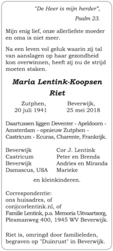 Advertentie in "Trouw" van 31-05-2018